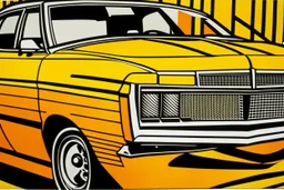 An orange colored car painted by Roy Lichtenstein