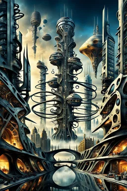 a stunningly weird image of a futuristic twin metropolis using Salvador Dali's paranoiac-critical method, where buildings and structures appear to melt into the skyline cityscape is filled with floating mad, twisted sharp metal shapes that interact with the buildings and each other, with forming a surreal tableau of a dreamlike reality with moving ways. neu-steampunk vibe, essence of the scene in a cinematic manner, with that enhance the distorted perspectives and bizarre, futuristic surreal