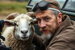 a portrait of a broken head mechanic, with a hybrid mixed body part sheep, fixing (close up old land rover 4x4) in the countryside