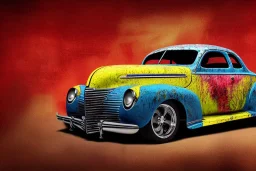 abstract painting in the randomly mixed art styles of jackson pollock and andy warhol, 1939 chevrolet coupe, chopped roof, lowered, classic dragster wheels, industrial buildings background, intricate details, cinematic, 8k, octane render, centered camera view, hdr, uhd, pivot on chevrolet