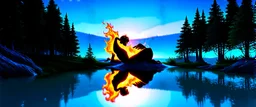 A hyper-realistic 4K scene of a serene forest lake at sunset. In the center of the lake, a pure elemental form of fire is gently hugging a pure elemental form of water. They are not human or creature-like — just abstract, living elemental shapes: fire is swirling, glowing flames with soft embers, and water is flowing, translucent waves with light reflections. Their embrace is tender, equal, and peaceful. The lake reflects their union. All around them, stylized "cooler fuel" trees with bluish bar