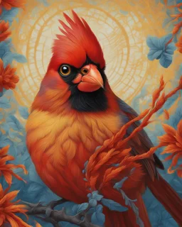 Vibrant and detailed digital illustration featuring a close-up of a cardinal bird with striking red and orange feathers. The bird's large, expressive eye is prominently displayed, surrounded by intricate feather details. The background is a swirling mix of blue and yellow hues, creating a dynamic and lively atmosphere. Surrounding the cardinal are blooming flowers in shades of yellow and pink, with detailed petals and stamen. Additionally, there are several bees with yellow and black stripes, ad