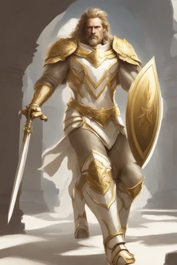 Lion man knight wearing white and gold armor, wearing a white and gold cape, holding a large sword and shield
