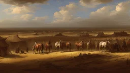 large encampment of men and horses on the plain