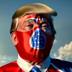 realistic image of donald trump as a mexican wrestling fighter posing outdoors, Mexican eyes wrestling mask, red and blue breeches, confederate flag cape, retro style, 80s, vibrant color, highly detailed, sky background, concept art, unreal engine 5, god rays, ray tracing, RTX, lumen lighting, ultra detail, volumetric lighting, 3d, finely drawn, high definition, high resolution.