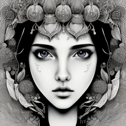 full body portrait of a girl wearing crown of flower ,big dreamy eyes,line drawing,zentangle art,mandala,high contrast,black and white,