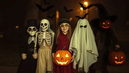 Abstract surreal multiple-exposure Halloween photograph, young children in disguises, fancy dress, scary masks, skeleton, ghost, bats, witch, trick-or-treat, fun, happy, excitement, carved-pumpkin-faces, spooky, night, award-winning photograph