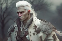 A Fantasy Human, a white masculine human with white hair. Lots Battle Scars. Full body. Brown Military clothes. HD