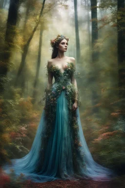 Close Up Front Views Photography Realistic Cinematic colors, beautiful forest woman, photography art style, full body view, a mystical forest, At the center of the photography beautiful Nature Woman, a striking figure of ethereal beauty, The beautiful woman is adorned in a gown made of living flowers and leaves, The gown shimmers with a soft, iridescent glow