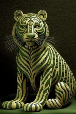 An olive green nature elemental tiger designed in Navajo woven art painted by René Magritte