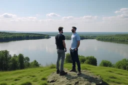 An image of two people exchanging criticism in a constructive and respectful manner, standing on a hill with a lake behind them 4K
