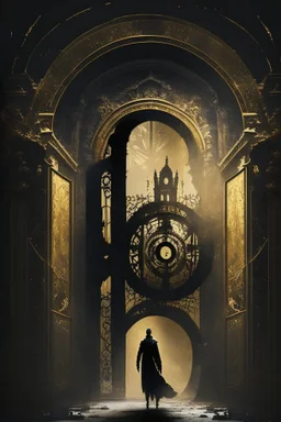 A person, a palace, a time gate, a ghost, dark black and golden colour