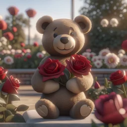 Place the teddy bear in a prominent position within the flower garden. Make sure the bear is holding the red heart in a way that is visible and adds a focal point to the image. Backlight. Highly detailed. Hyper-realistic, 4k, ultra HD, Pixar style, Disney style, cinema 4D