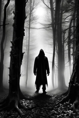 magical too much trees in big forest dark white and black fairy magic a shadow of hooded man from a distance standing