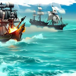 Two pirate ships fight each other at sea. Firing cannons.