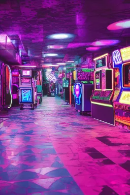 A dark photo an 80's aesthetics arcade at night, with a lot of functioning arcade machines, a vaporwave floor and some colorful tiles in between the floor. Purple Themed, purple aesthetics.