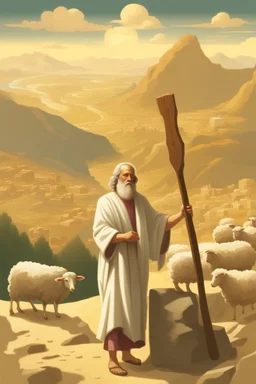 Moses stands on a mountain and holds a crooked wooden staff. Next to HIM ARE SEVERAL SHEEP, at HIS feet are stone tablets on which the ten commandments of God are written, and below is a valley with cities of Palestine where milk and honey flow. sand, palm trees and mountains. There is a silhouette of God in the sky. Everything is painted in oil painting with high-quality drawing of details