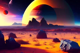 one distant exoplanet in the horizon, rocks, vegetation, epic art, movie wallpaper