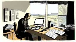 الصورة تعرض ستيف جوبز وهو جالس في مكتبه الخاص، وراءه نافذة تطل على مناظر طبيعية هادئة. يظهر جوبز وهو يرتدي ثوبًا بسيطًا ويتلقى مكالمة هاتفية بينما يعمل على جهاز كمبيوتر محمول. يتسم وجهه بتعابير التفكير العميق والابتسامة الخفيفة، مما يشير إلى تركيزه الشديد وتفكيره الابتكاري. على مكتبه، يمكن رؤية مجموعة من المخططات والنماذج المصغرة لأجهزة تكنولوجية، مما يظهر اهتمامه بالتفاصيل والتصميم المميز. كما يمكن أن نلاحظ تواجد كتب وأدوات كتابة، مما يشير إلى تطلعه المستمر للمعرفة والابتكار. الإضاءة في الصور