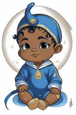 an anime style drawing of a black and asian baby boy. hes wearing blue medieval royal baby onesie. he is sun and moon themed. he is adorable and he has freckles.