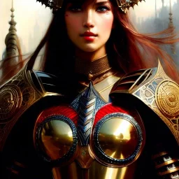 portrait beautifull face girl medieval metal armor balanciaga fashion clothe painting by gaston bussiere, greg rutkowski, yoji shinkawa, yoshitaka amano, tsutomu nihei, donato giancola, tim hildebrandt, oil on canvas, trending on artstation, featured on pixiv, cinematic composition, extreme detail