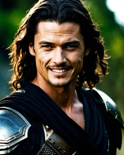 Orlando Bloom x Jason Mamoa as handsome male warrior age 25 with shoulder length hair and a goatee. dark fantasy. smiling