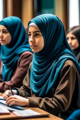 Female students wearing hijab sit in a class while the teacher gives a lecture