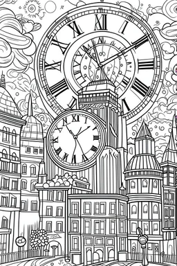 HAPPY NEW YEAR coloring page for kids, Clock striking 12 AM in a vibrant cityscape, thick outline, low details, no shading, no color