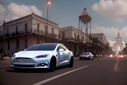 A Tesla 'Model Y' is drifting at high speeds, on the streets of New Orleans. (CINEMATIC, WIDE ANGLE LENS, PHOTO REAL)