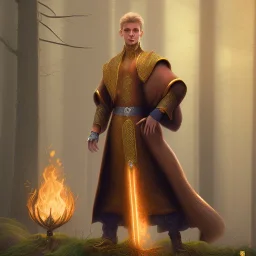 Male, Human, Blond, Sorcerer, Fire Mage, Golden Eyes, Young, Photorealism, Full Body Shot, Forest Background