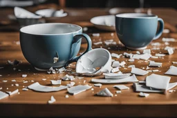 A shattered ceramic cup handle, the handle is broken and in pieces on the table