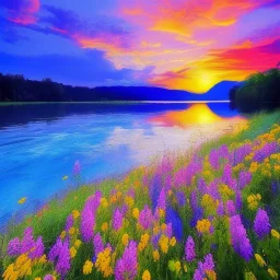 blue and transparent river, cristal flowers, sunset, delicate flowers