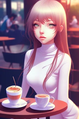 girl sitting in a cafe, anime, perfect anatomy