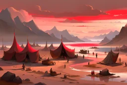 painting, landscape, artistic, illustration, artstation, black desert, black sand, bleak, pale red sky, large bustling camp, vereshagin style