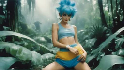 [photo by Norman Parkinson for Sears] blue hair Bulma from dragon ball, in her crop top and high-waisted balloon shorts in the jungle; she works on a womaniser robot