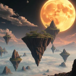 hyper realistic, A surreal landscape with floating islands and a giant, glowing moon, in the style of Hayao Miyazaki. HOF, full size, science, technology,future,electric ,futuristic style, design, practicality,manufacturability,performance, (((realism, realistic, realphoto, photography, portrait, , realistic, beautiful, elegant, charming, apocalyptic environment, professional photographer, captured with professional DSLR camera, trending on Artstation, 64k, ultra detailed, ultra accurate detaile