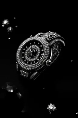 A top-down view of a diamond watch set against a black velvet background, emphasizing its opulent beauty.