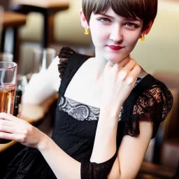 Russian boyish boylike female figure short man's haircut boyish face boyish features in black girlish lacy cocktail dress earrings in restaurant