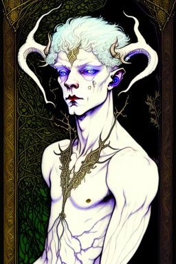 young satyr male albino alchemist with goat horns in the style of Harry Clarke