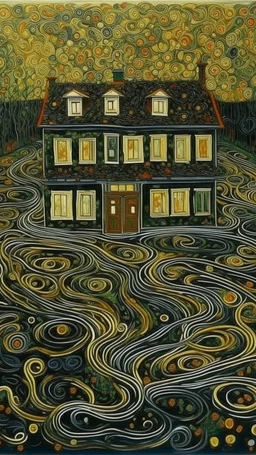 A black mansion with twisted mazes in orphism art style painted by Gustav Klimt