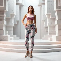 picture of lady with a top and cifi pants stye design posing in a 3d recursive structures stage