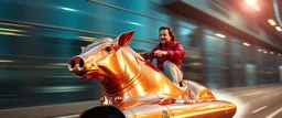 motion blur, close up, portrait of Elon Musk riding an awesome spaceship in copper, fast one in the shape of a horsepig is half horse half pig, now its gonna do an awesome gig , bokeh like f/0.8, tilt-shift lens 8k, high detail, smooth render, down-light, unreal engine, prize winning