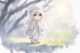 cute chibi anime sheikh, daisyfield, mist, melting watercolor and black ink outlines on wet paper, soft, shading strokes, in sunshine, ethereal, otherwordly, cinematic postprocessing, bokeh, dof