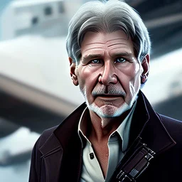 portrait a transparent pale white harrison ford as han solo, atmospheric, realistic, unreal engine, lighting, octane render, scifi outfit