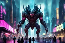 cities of the future cyberpunk in the center of the monster stands on its hind legs