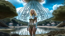 Wide-angle shot of a woman, standing to one side, with blond hair in a silver robotic catsuit, standing on a beach, gigantic flying mushrooms with jellyfish tentacles floating above her, with tall, narrow alien trees in the background