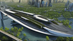 people watching a futuristic ship flying above a utopian city. bridges, roads, balconies, trees, dense foliage, river, pathways, detailed photorealistic