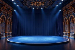 image of a Royal stage with 3d fractal base decoration with large dance area in dark blue teme