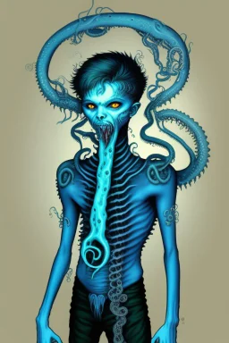 16 year old boy warlock with milky blue eyes, and fanged tentacle growing out of his belly. in the style of HR Giger