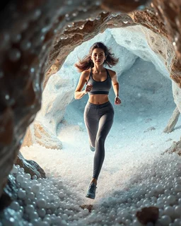 make a video pretty crystal cave covered with jwelary and 3d recursive cubic and sphere base pearls and a beautiful fashion model lady with cute,curvy hair,makeup, in pretty sports suit is running inside cave ,dynamic camera fallow her inside cave capturing full body, dynamic lights.